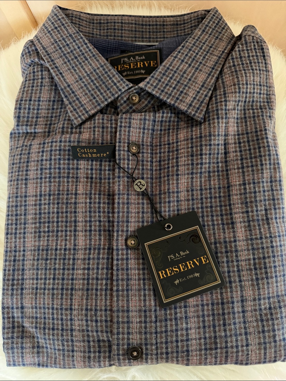 Jos. A. Bank Reserve Blue and Gray Cotton-Cashmere Plaid Tailored Fit Shirt